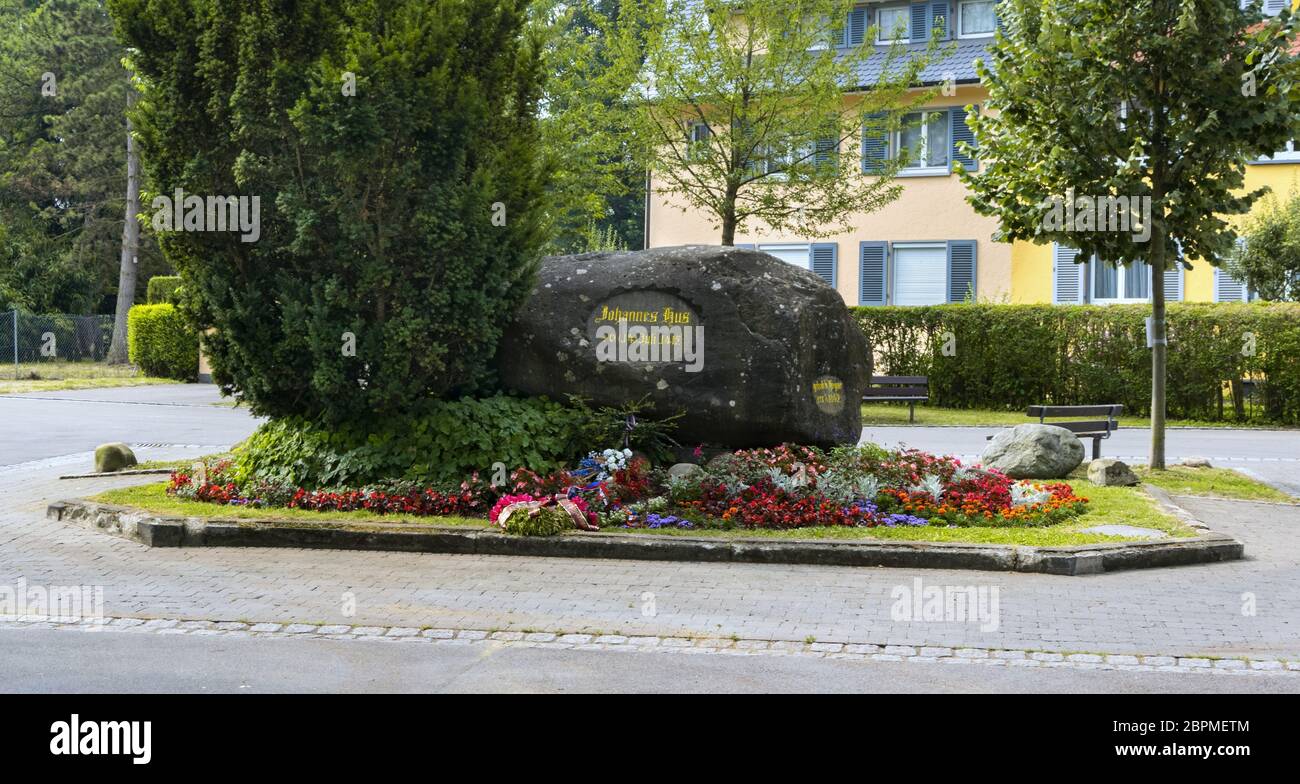Das Denkmal in Konstanz, wo der tschechische Kirchenreformer Jan Hus hingerichtet wurde Stockfoto