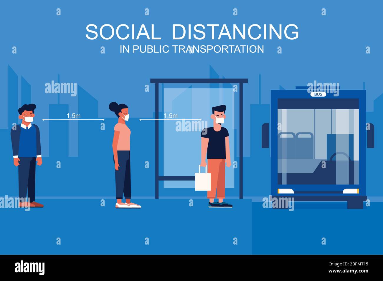 Soziale Distanzierung im öffentlichen Verkehr, Aufrechterhaltung der sozialen sozialen Distanzierung für covid-19 Pandemiesituation Stock Vektor