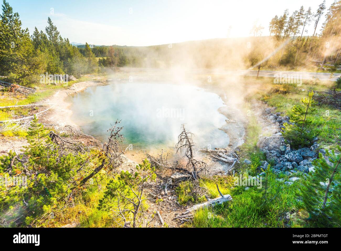Landschaftlich schöne Aussicht auf bunte Geysire am Morgen, Yellowstone Nationalpark, USA.. Stockfoto
