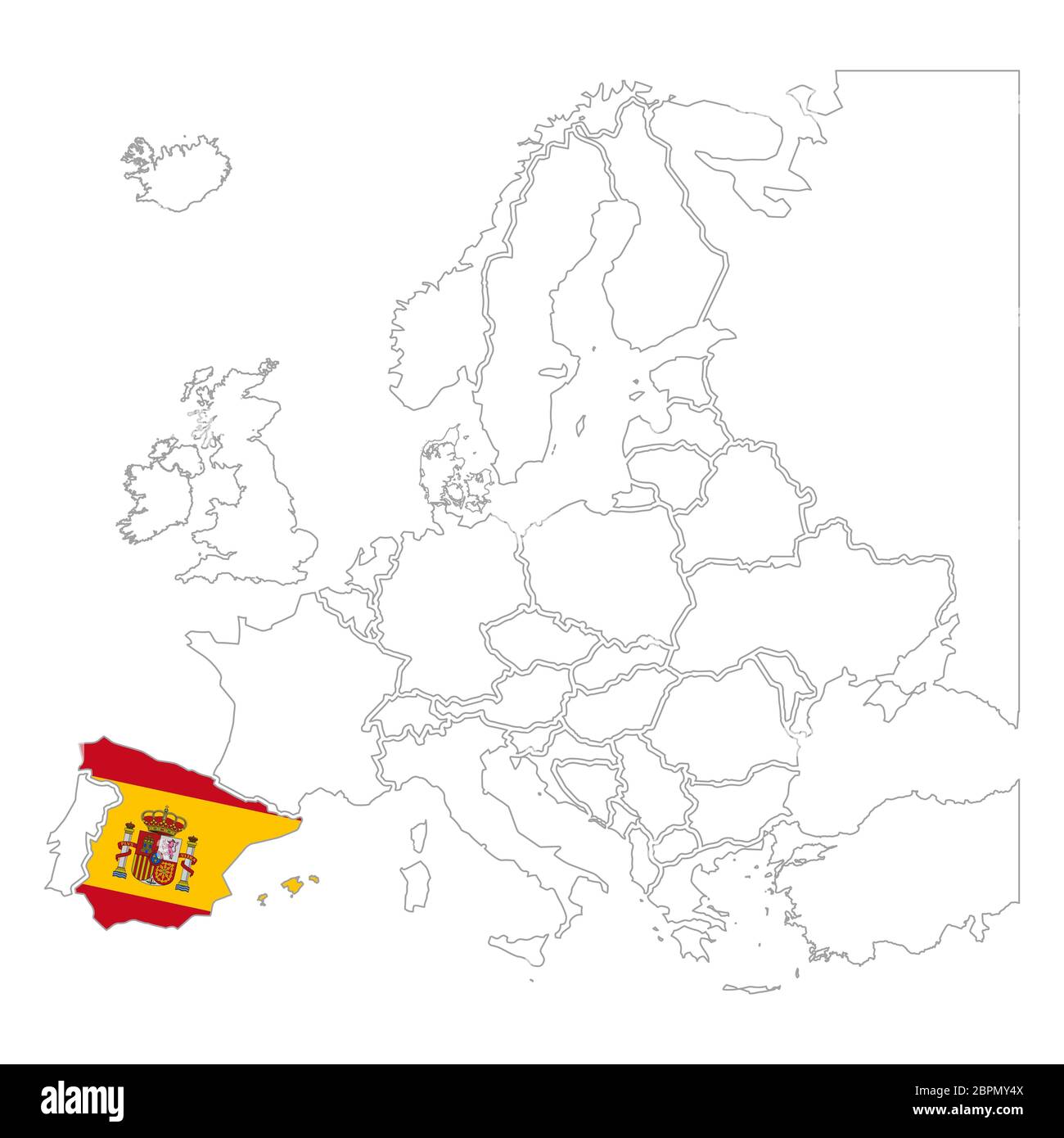 Detaillierte Spanien Silhouette mit Nationalflagge auf Kontur europa Karte auf weiß Stock Vektor