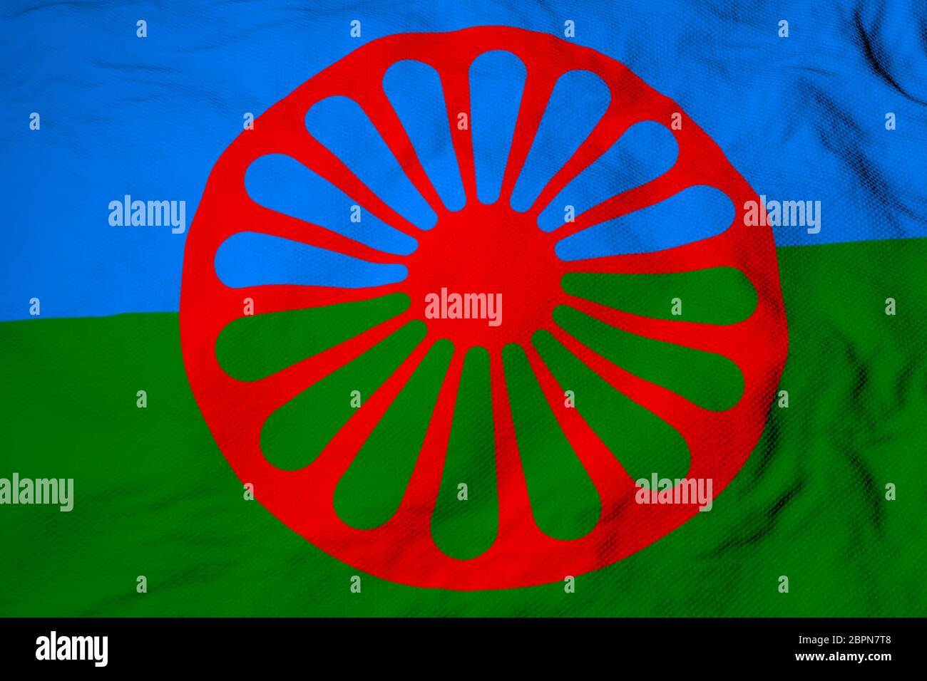 Vollbildaufnahme auf einer winkenden Romani-Flagge in 3D-Rendering. Stockfoto