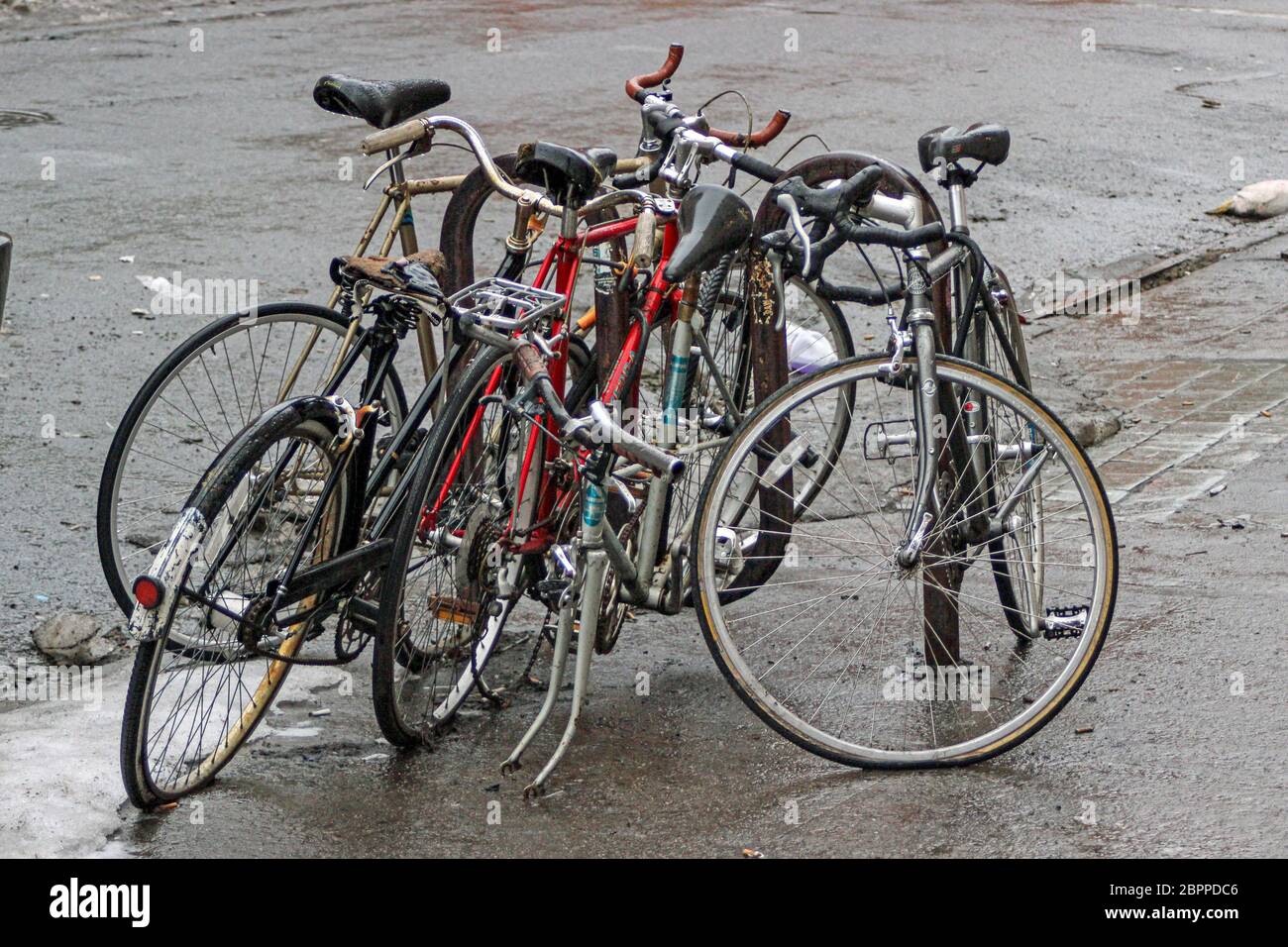 Mehrere Fahrräder sind an den Fahrradständer im Williamsburg-Viertel Brookly, New York City, Vereinigte Staaten von Amerika, gesperrt Stockfoto