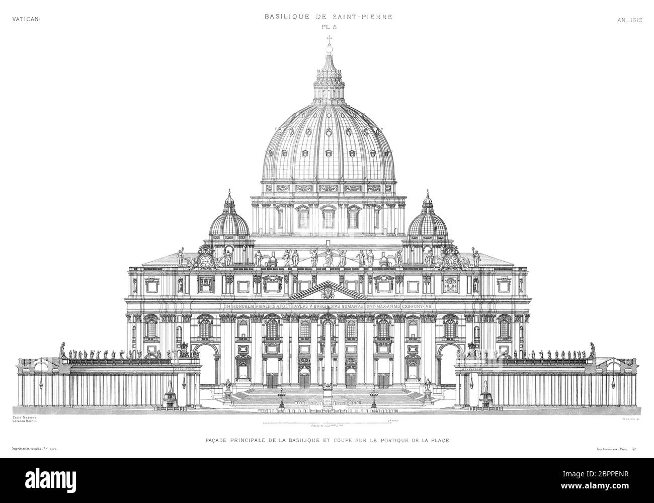 Rom, Vatikan: Petersdom, Hauptfassade des Petersdoms und Abschnitt auf dem Portikus des Platzes, Jahr 1612, aus dem Vatikan 1882. Stockfoto