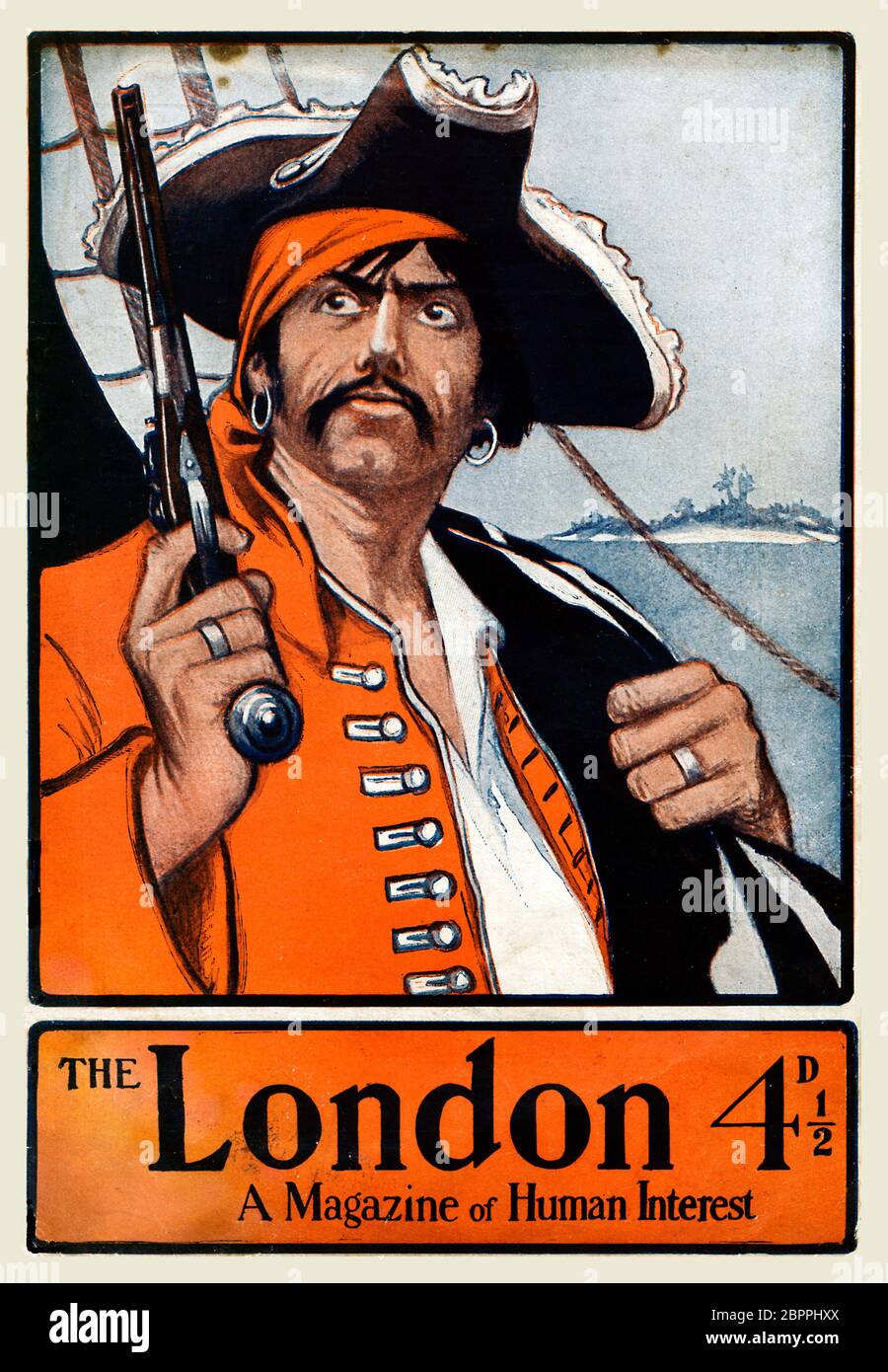 Pirate Cover, Edwardian Magazin Illustration eines Seeräubers auf seinem Schiff, Flintlock Pistole bereit mit einer tropischen Insel hinter Stockfoto