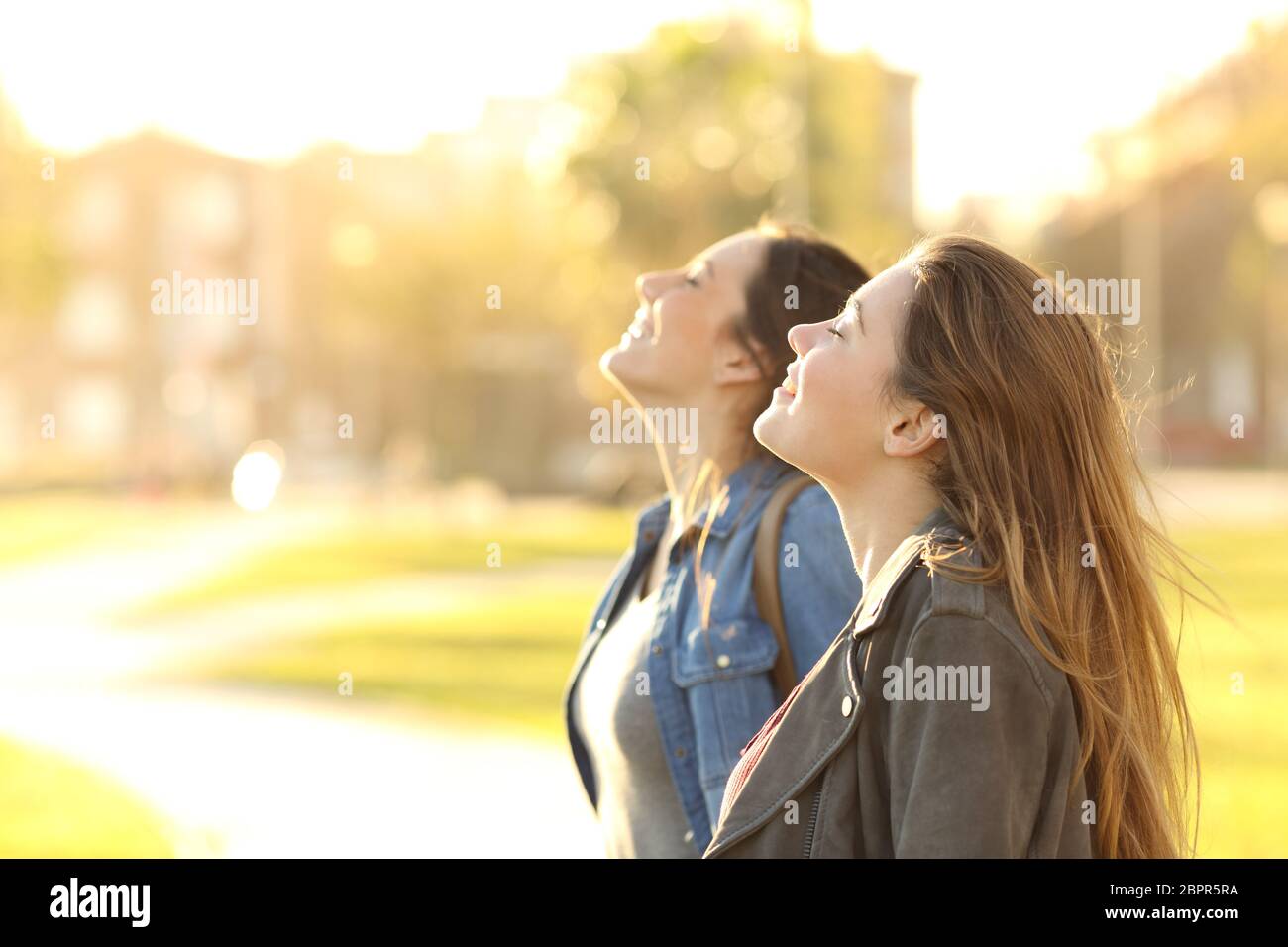 Seite Ansicht Porträt von zwei glückliche Mädchen gemeinsam atmen frischen Luft in einem Park bei Sonnenuntergang mit einem warmen Rücken leicht im Hintergrund Stockfoto