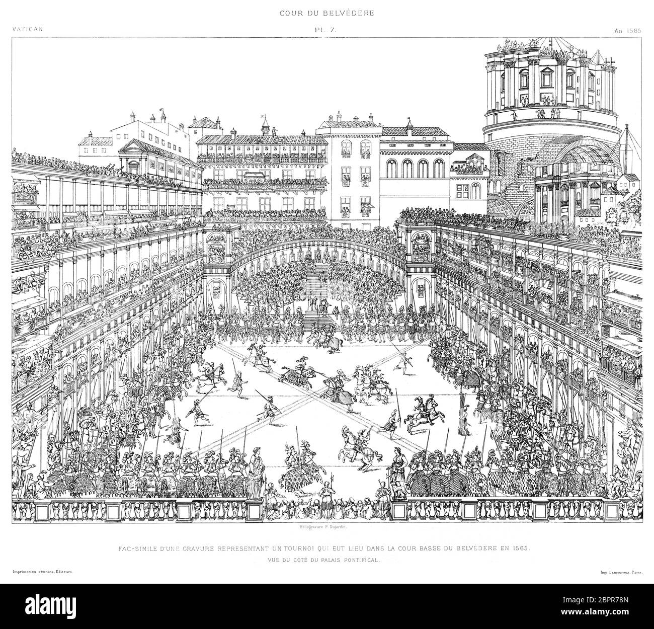 Der Vatikan: Gravur eines Turniers, das im unteren Innenhof des Belvedere stattfand - Blick von der Seite des Päpstlichen Palastes 1565 Stockfoto