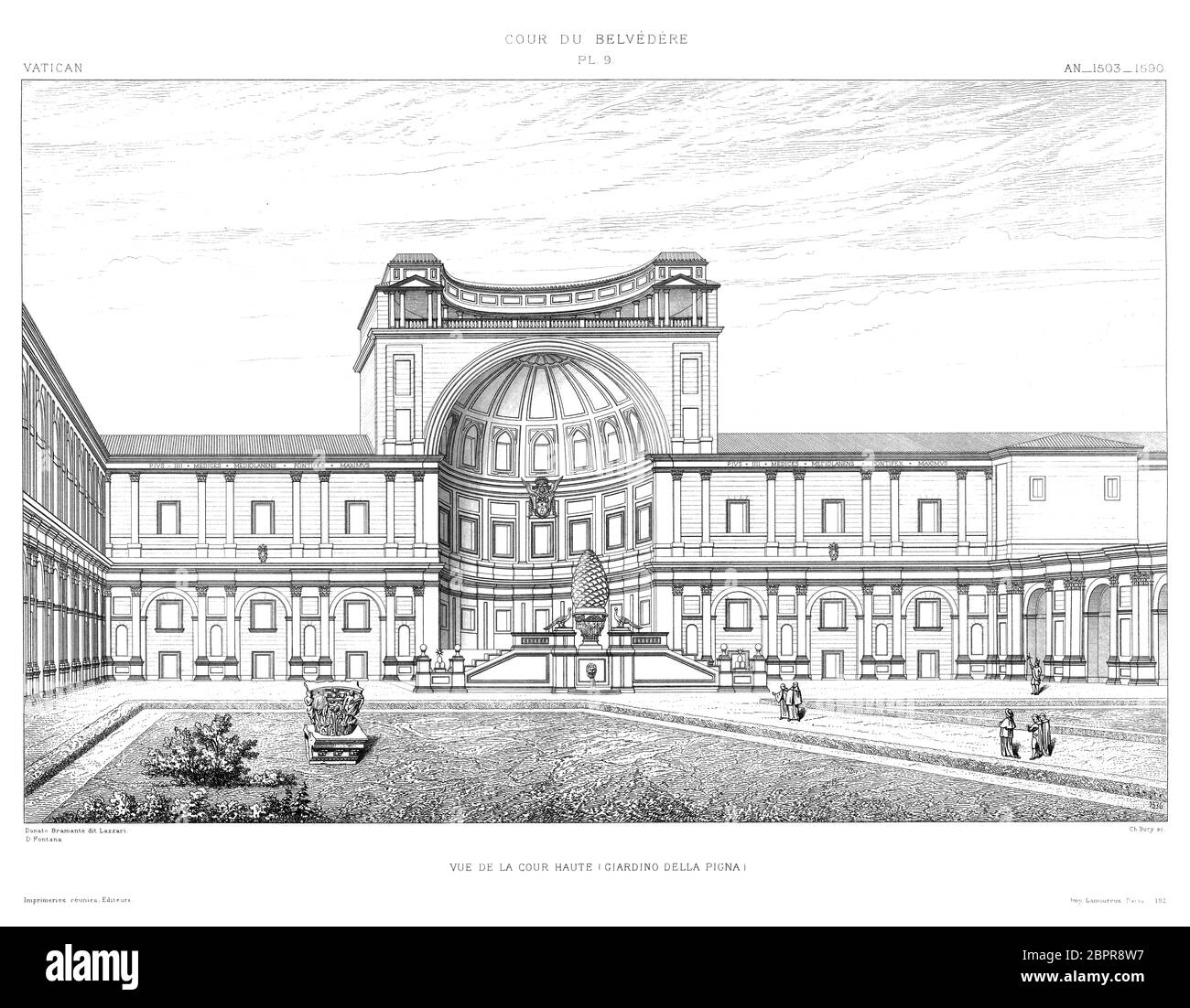 Rom, Vatikan: Innenhof des Belvedere.Blick auf den Hohen Hof (Giardino della Pigna) 1503 bis 1590, vom Vatikan 1882. Stockfoto