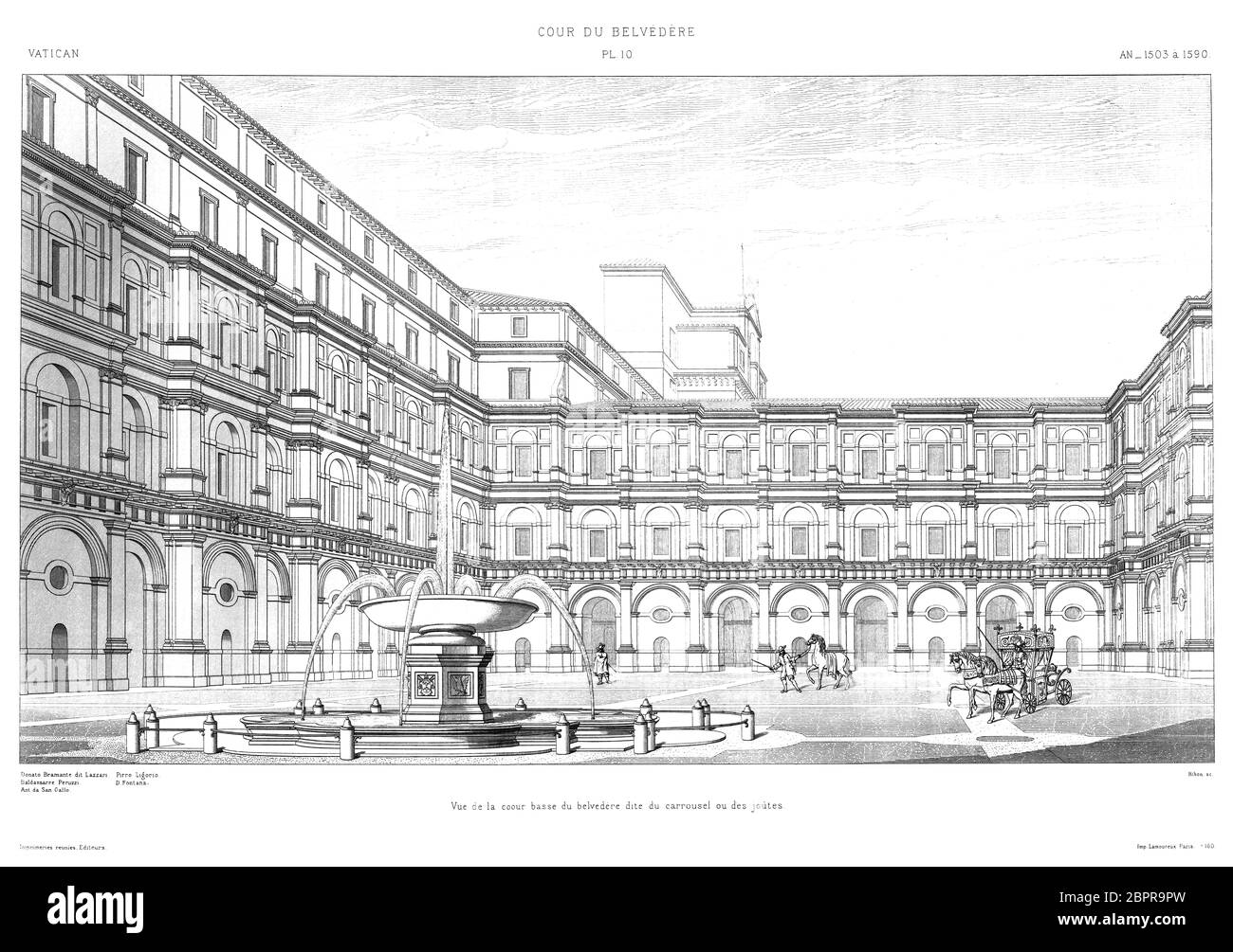 Rom, Vatikan: Blick auf den unteren Innenhof des Belvedere, bekannt als das Karussell oder die Jousten, 1503 bis 1590, aus dem Vatikan 1882. Stockfoto