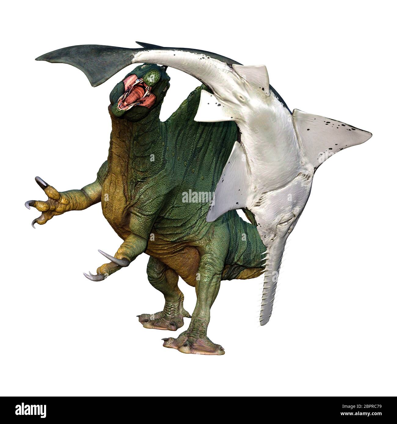 3D-Rendering eines Dinosauriers Spinosaurus und Onchopristis Fisch auf