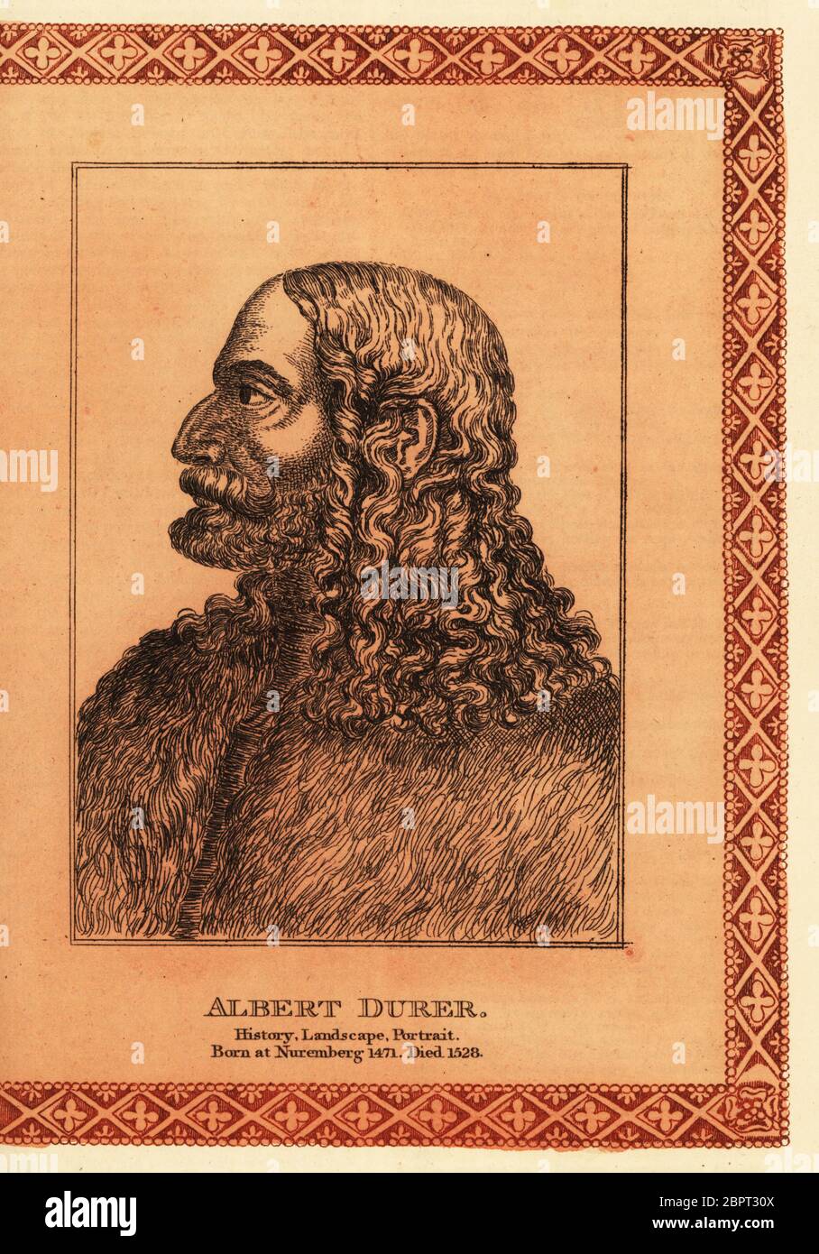 Porträt Albrecht Durer, deutscher Maler, Grafiker und Theoretiker der deutschen Renaissance, 1471-1528. Albert Durer, Geschichte, Landschaft, Porträt. Getönte Radierung in dekorativer Bordüre von James Girtin nach einem Selbstporträt von Durer aus James Girtins fünfundsiebzig Porträts gefeierter Maler aus Authentic Originals, J. M’Creery, London, 1817. Stockfoto