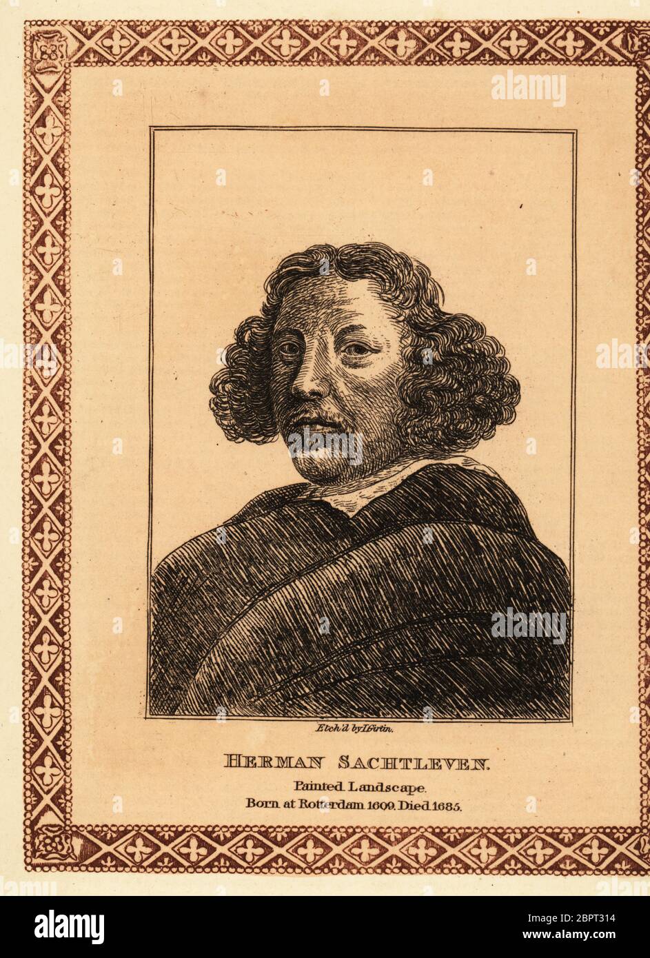 Porträt von Herman Saftleven, dem jüngeren, niederländischen Maler des Barock, 1609-1685. Herman Sachtleven, Bemalte Landschaft. Geboren in Rotterdam 1609. Gestorben 1685. Getönte Radierung in dekorativer Bordüre von James Girtin nach einem Selbstporträt von Herman Saftleven aus James Girtins fünfundsiebzig Porträts gefeierter Maler aus Authentic Originals, J. M’Creery, London, 1817. Stockfoto