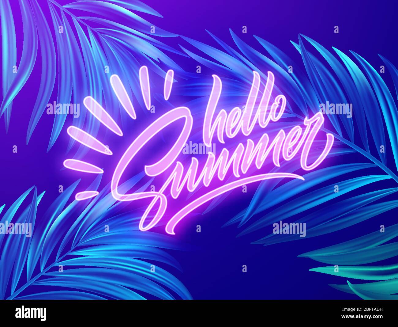 Hello Summer Neon Schriftzug auf einem Hintergrund exotischer tropischer Palmenblätter. Vektorgrafik Stock Vektor