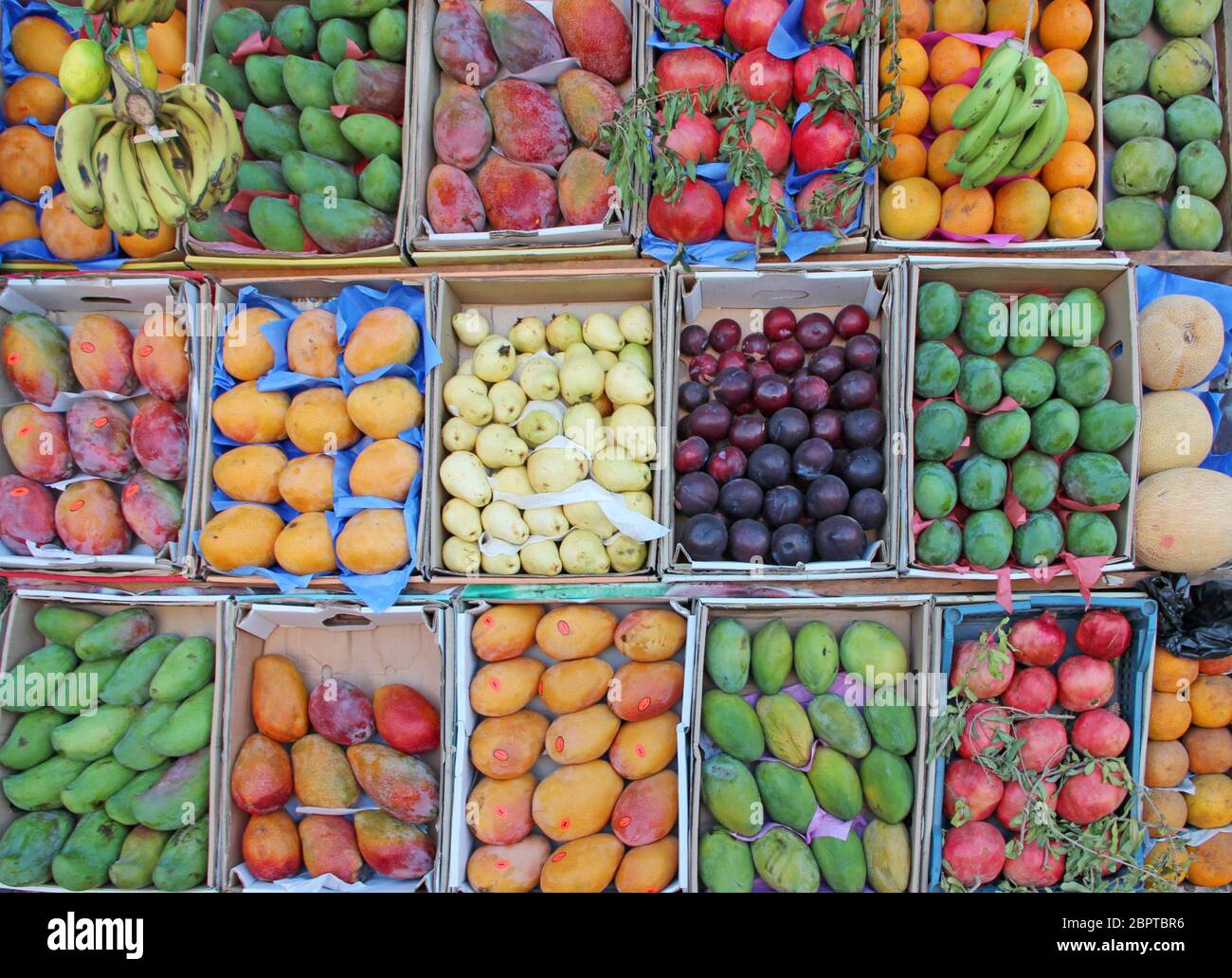 Obst wird in Tablett von Straßenhändler verkauft. Obsttabletts für den Verkauf von Mangos, Granatäpfel, Bananen, Pflaumen, Guave, Orangen. Frisches Obst im Geschäft. Stockfoto