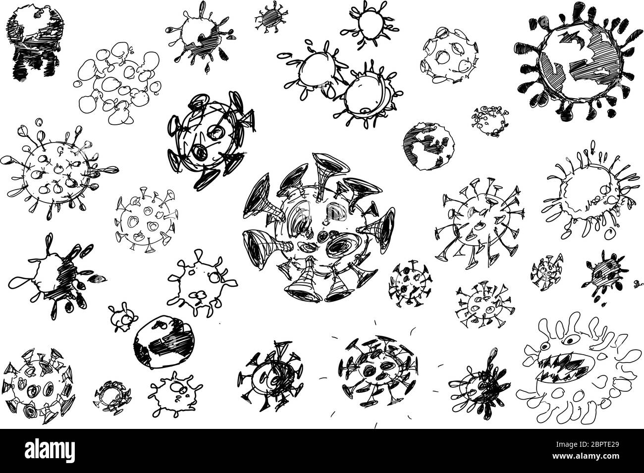 Viele handgezeichnete Skizzen Coronavirus Stock Vektor