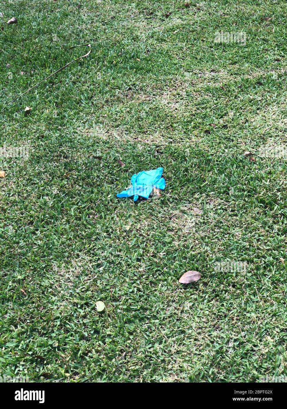 Schmutzige Maske auf dem Gras nach Virus 2 Stockfoto