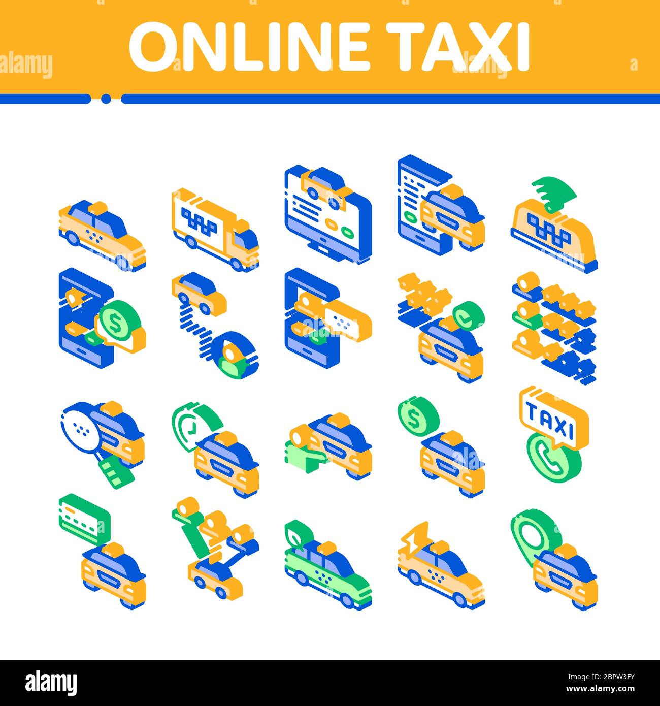 Online Taxi Isometric Elements Icons Set Vector Stock Vektor