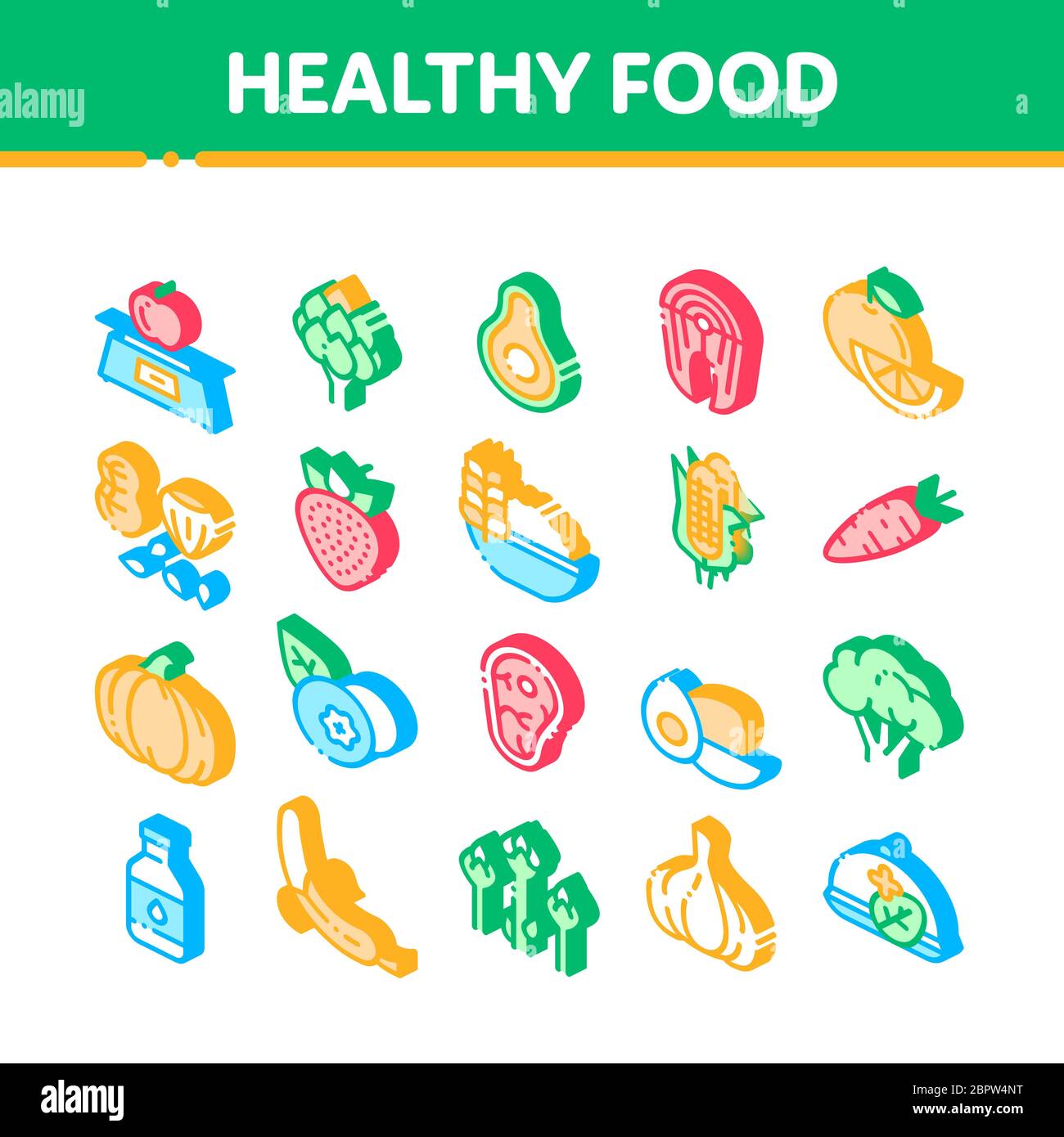Gesunde Ernährung Vektor Isometrische Symbole Gesetzt Stock Vektor