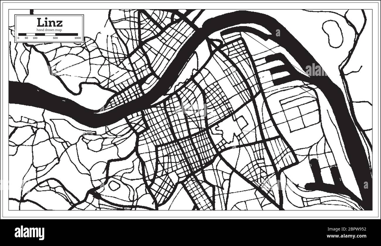 Linz Österreich Stadtplan in Schwarz-Weiß-Farbe im Retro-Stil. Gliederungskarte. Vektorgrafik. Stock Vektor