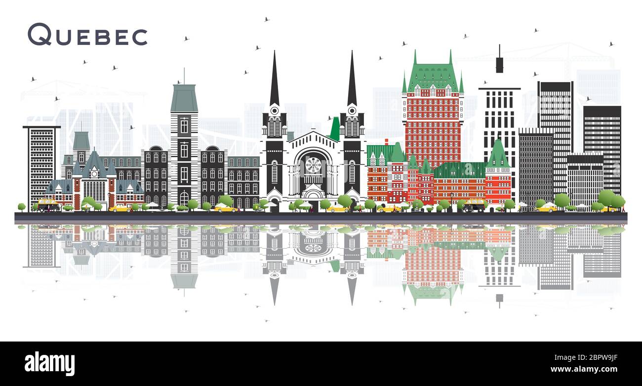 Quebec Kanada City Skyline mit grauen Gebäuden und Reflektionen isoliert auf Weiß. Vektorgrafik. Stock Vektor