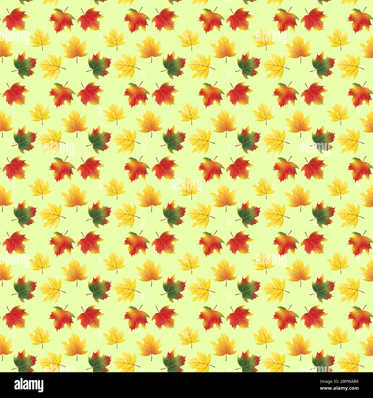 Hand gezeichnet nahtloses Muster aus gelben und roten Herbst Ahornblätter. Herbst. Doodle-Stil Illustration für Kalender, Jahreszeit, Stoff, Cover oder Banner. Stockfoto
