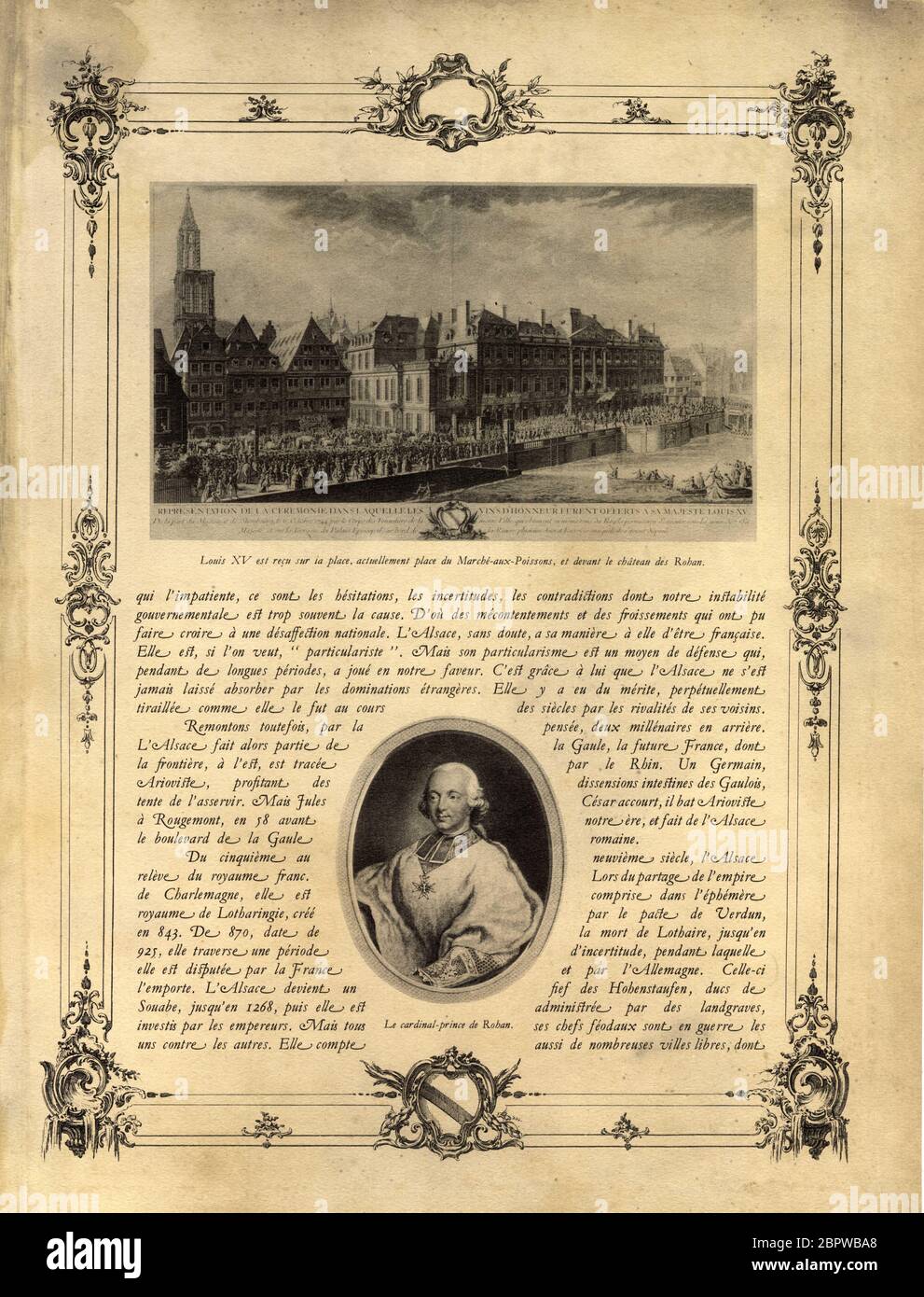 Louis XV est reçu sur la Place, actuellement Place du Marché-aux-Poissons, et devant le château des Rohan. En Bas - le Cardinal-Prince de Rohan. Stockfoto