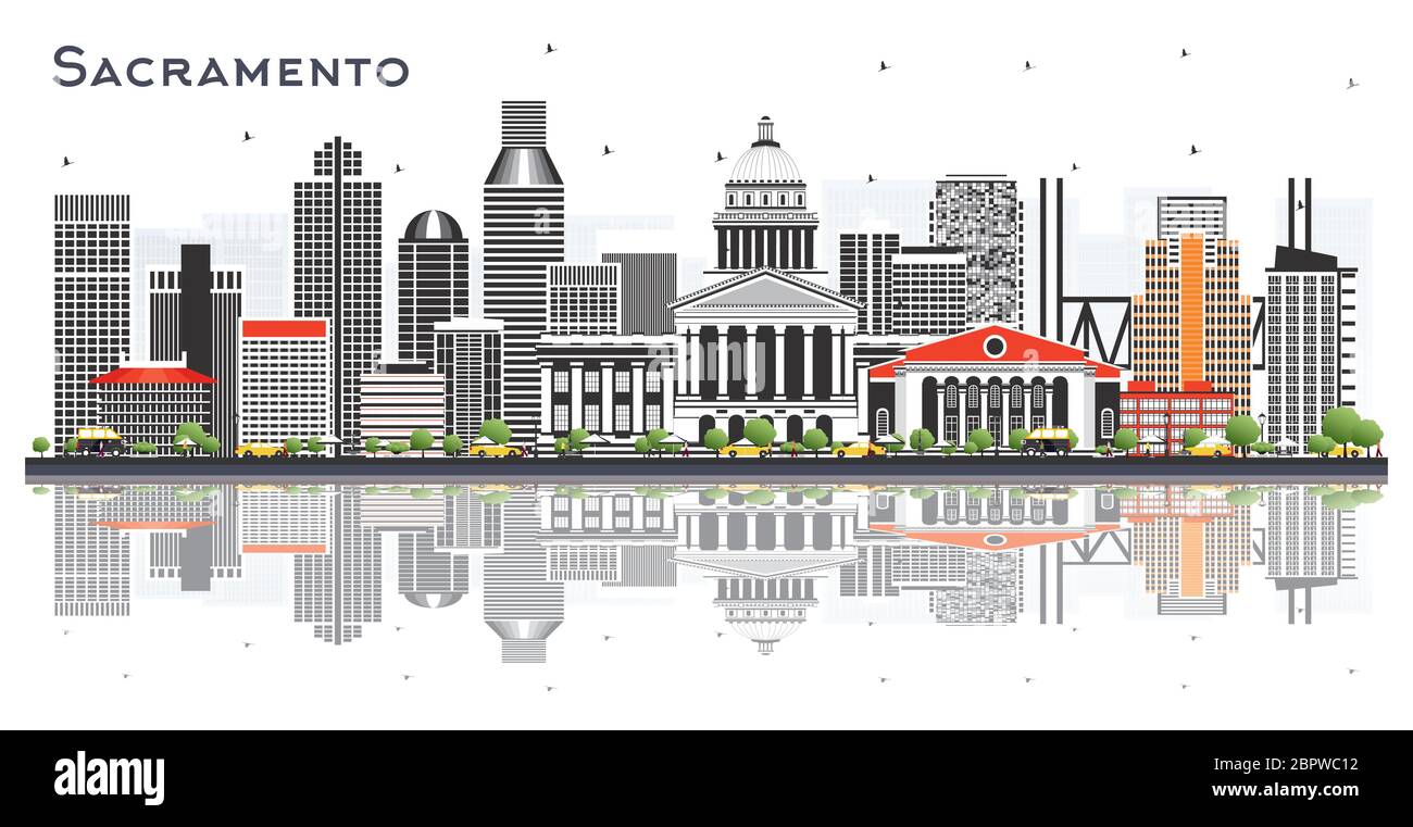 Sacramento California City Skyline mit grauen Gebäuden und Reflektionen isoliert auf Weiß. Vektorgrafik. Stock Vektor