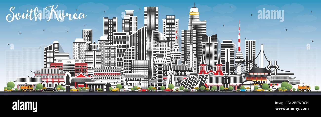 Südkorea City Skyline mit grauen Gebäuden und blauem Himmel. Vektorgrafik. Tourismuskonzept mit historischer Architektur. Stock Vektor