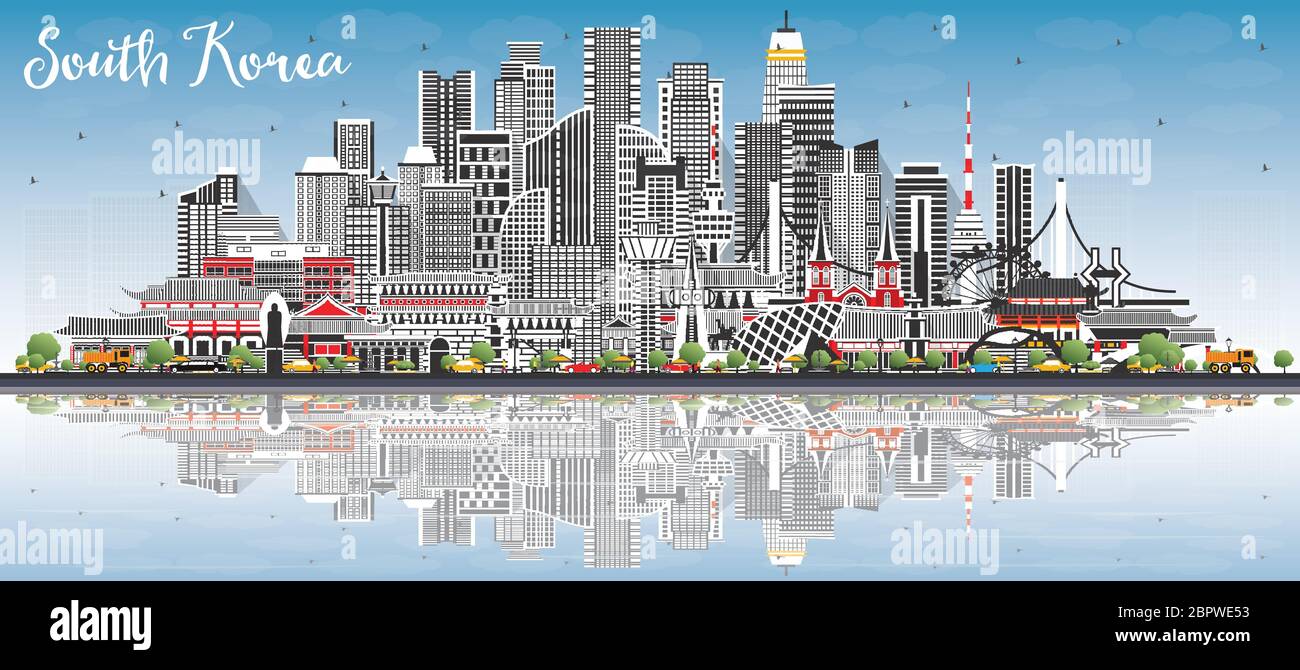 Südkorea City Skyline mit grauen Gebäuden, blauem Himmel und Reflections. Vektorgrafik. Tourismuskonzept mit historischer Architektur. Stock Vektor
