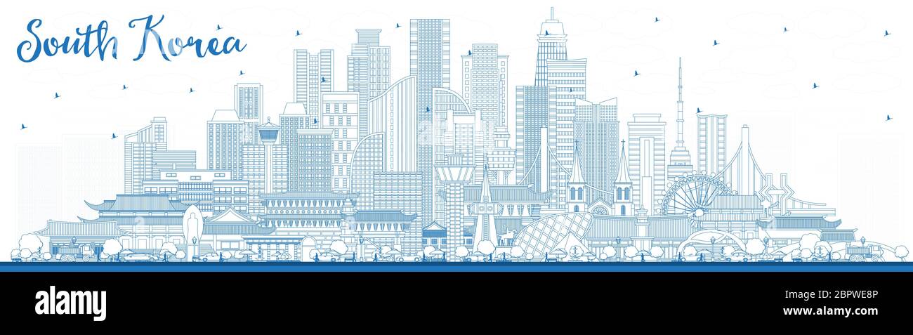 Skizzieren Sie die Skyline von Südkorea mit blauen Gebäuden. Vektorgrafik. Business Travel und Tourismus Konzept mit historischer Architektur. Stock Vektor