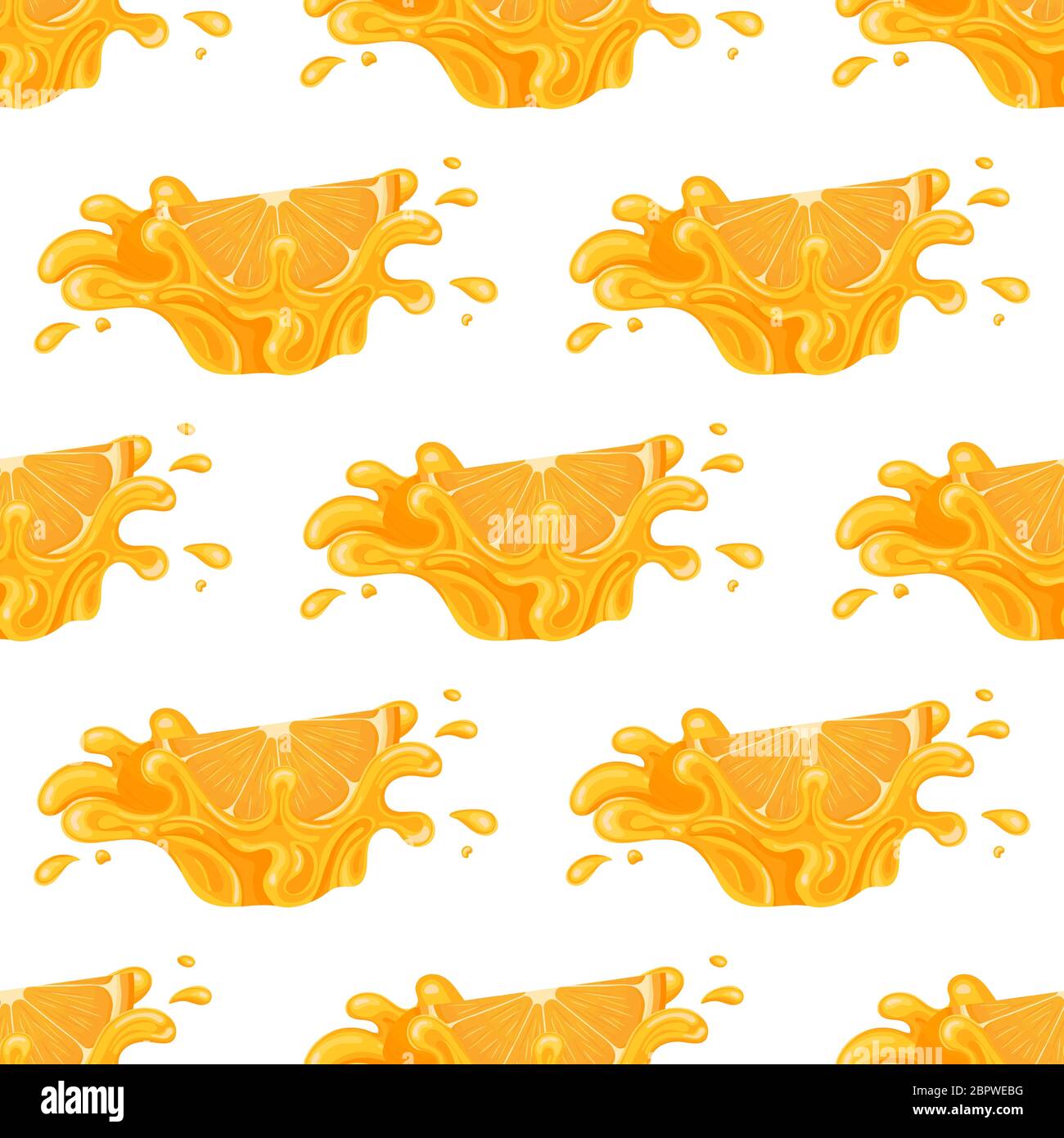 Nahtloses Muster mit frischem, hellem Orange, Mandarine oder Tagerine Saft Spritzer platzen isoliert auf weißem Hintergrund. Sommerobstsaft. Cartoon-Stil. Ve Stock Vektor