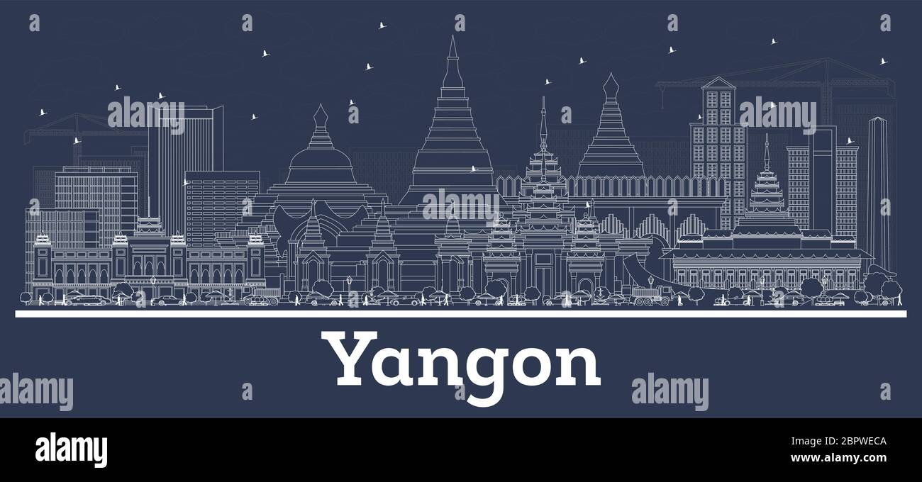 Umreißen Sie die Skyline von Yangon Myanmar mit weißen Gebäuden. Vektorgrafik. Business Travel und Tourismus Konzept mit moderner Architektur. Stock Vektor