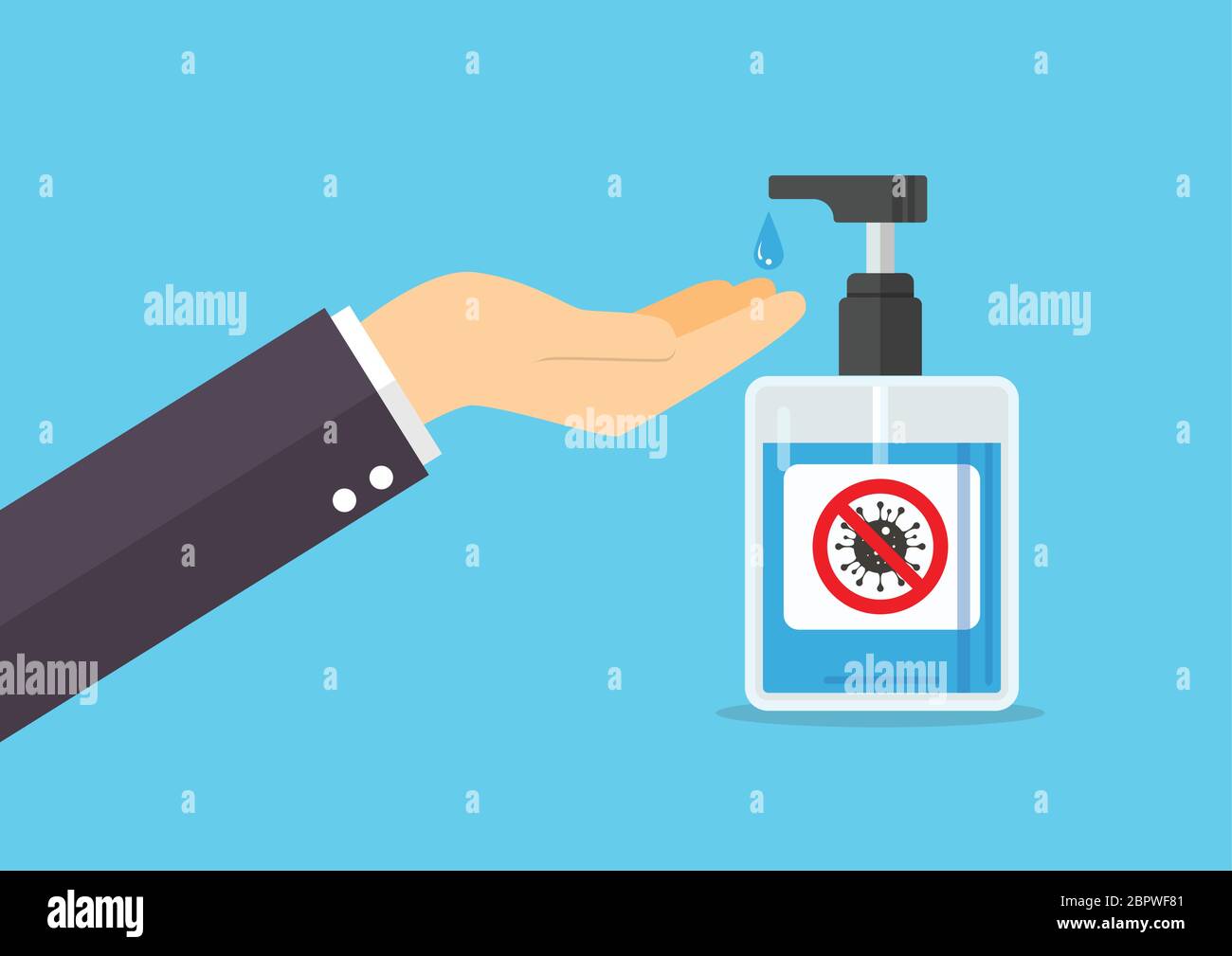 Mann wäscht seine Hände mit Seife aus Desinfektionsmittel Pumpe Flasche. vektor-Illustration Stock Vektor