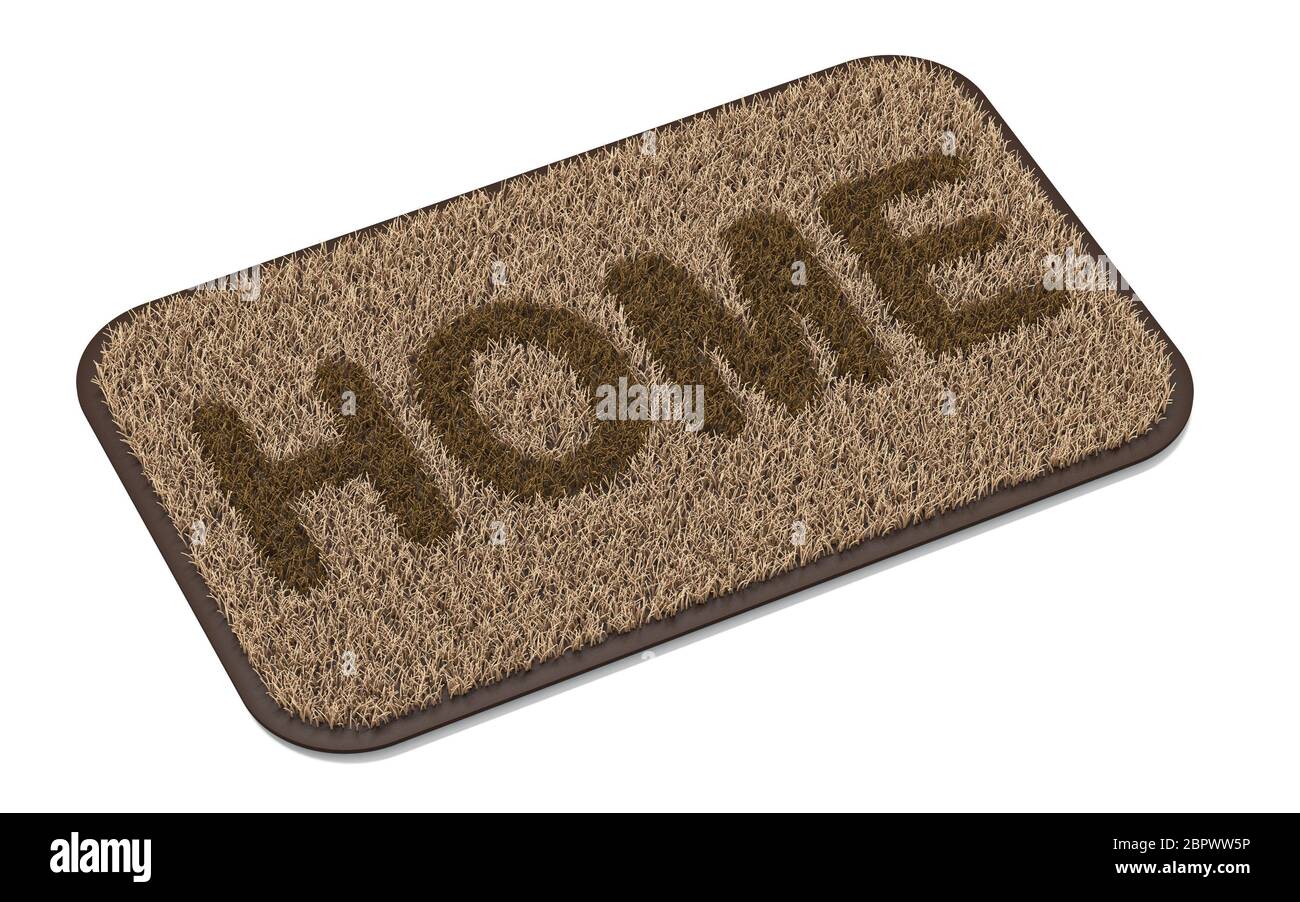 Braun Kokos Fußmatte mit Text HOME 3D Rendering Illustration auf weißem Hintergrund Stockfoto