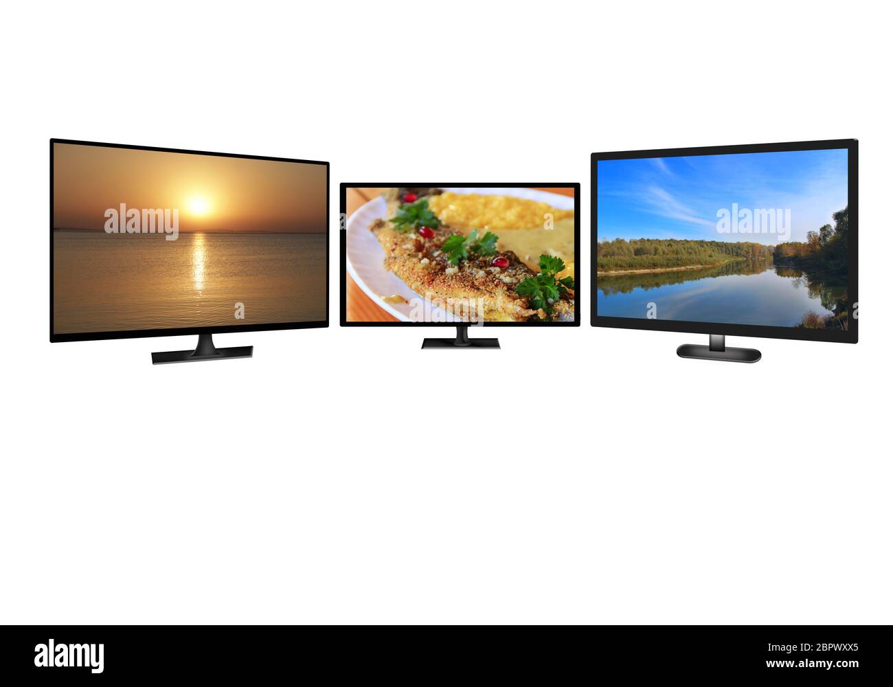 Fernsehmonitore auf weißem Hintergrund. TV-Monitore zeigen Bilder der Natur. 4 k Monitor auf Weiß isoliert. Flache High Definition TV mit Ima Stockfoto