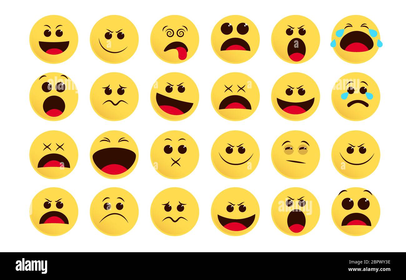 Emoticon Symbol Vektor gesetzt. Emoji und flaches Emoticon in verschiedenen Gesichtsausdrücken wie traurig, überraschend, schläfrig und weinend isoliert in weißem Hintergrund. Stock Vektor