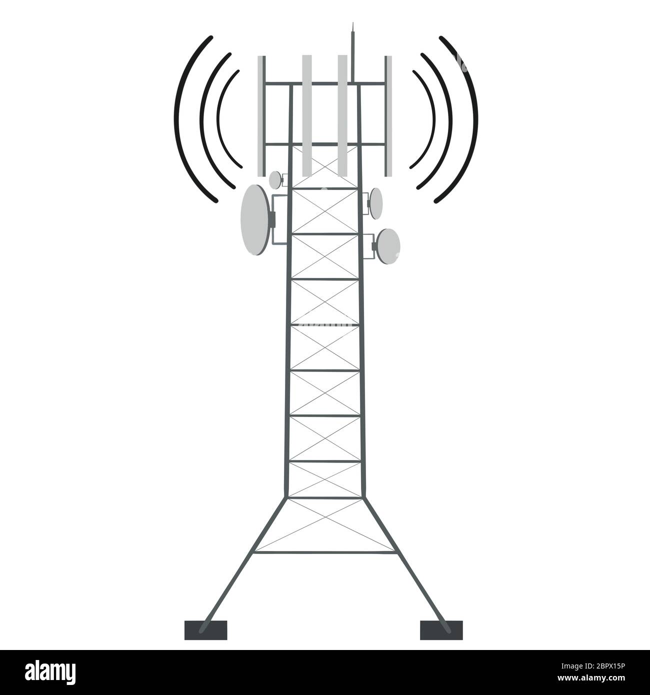 Telekommunikationsturm von 4G und 5G Mobilfunk. Basisstation des Zellstandorts auf weißem Hintergrund isoliert. Sender für drahtlose Kommunikation. Flache s Stockfoto