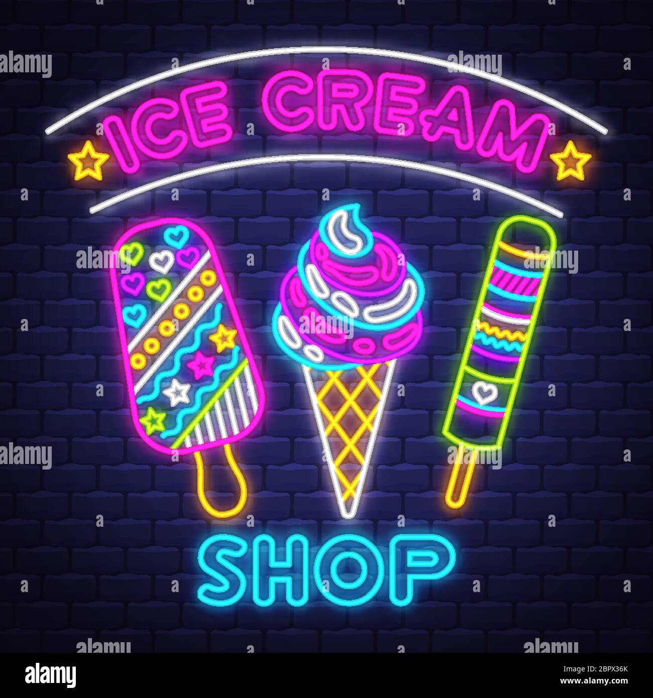 Eisdiele - Neon Zeichen Vektor. Ice Cream Shop - Neonschild auf Backstein Wand Hintergrund, Design-Element, Lichtbanner, Ankündigung Neon Schild, nig Stock Vektor