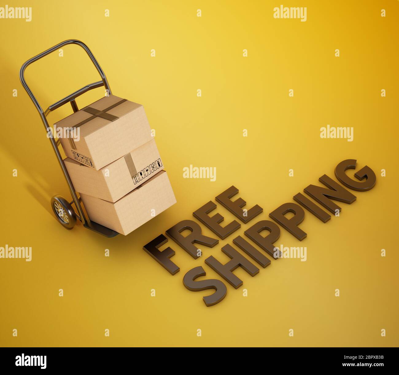 Handtransport LKW und kostenloser Versand Text. 3D-Darstellung. Stockfoto