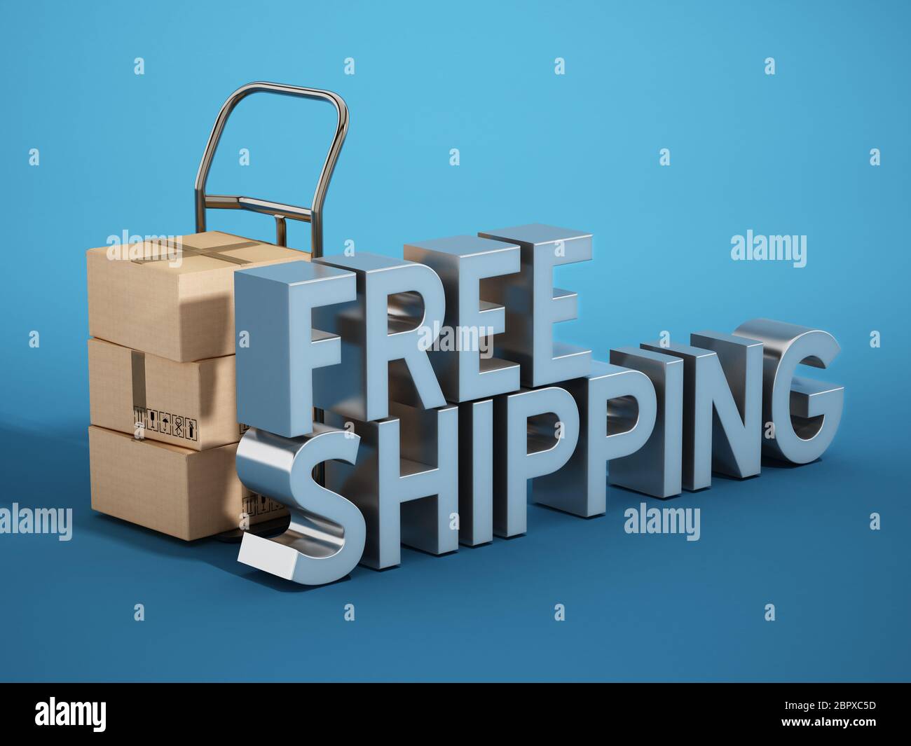 Handtransport LKW und kostenloser Versand Text. 3D-Darstellung. Stockfoto