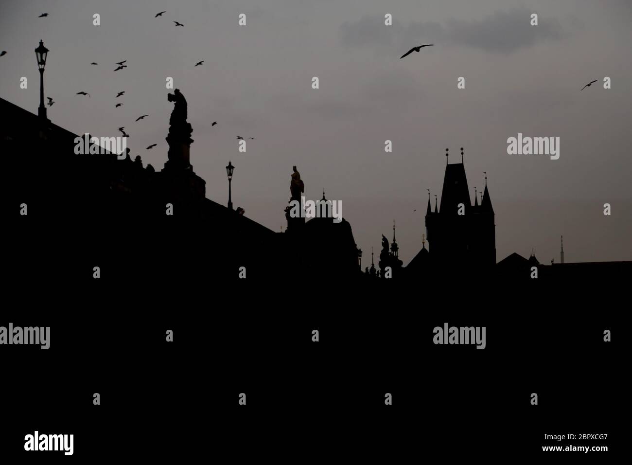 Schwarz-weiße Details der Karlsbrücke mit Statuen und Turm bei Sonnenuntergang. Zauberhafte Bild der mittelalterlichen gotischen Brücke und barocken Statuen im historischen Zentrum der Altstadt, Prag, Europa, Zentrum von Europa Stockfoto