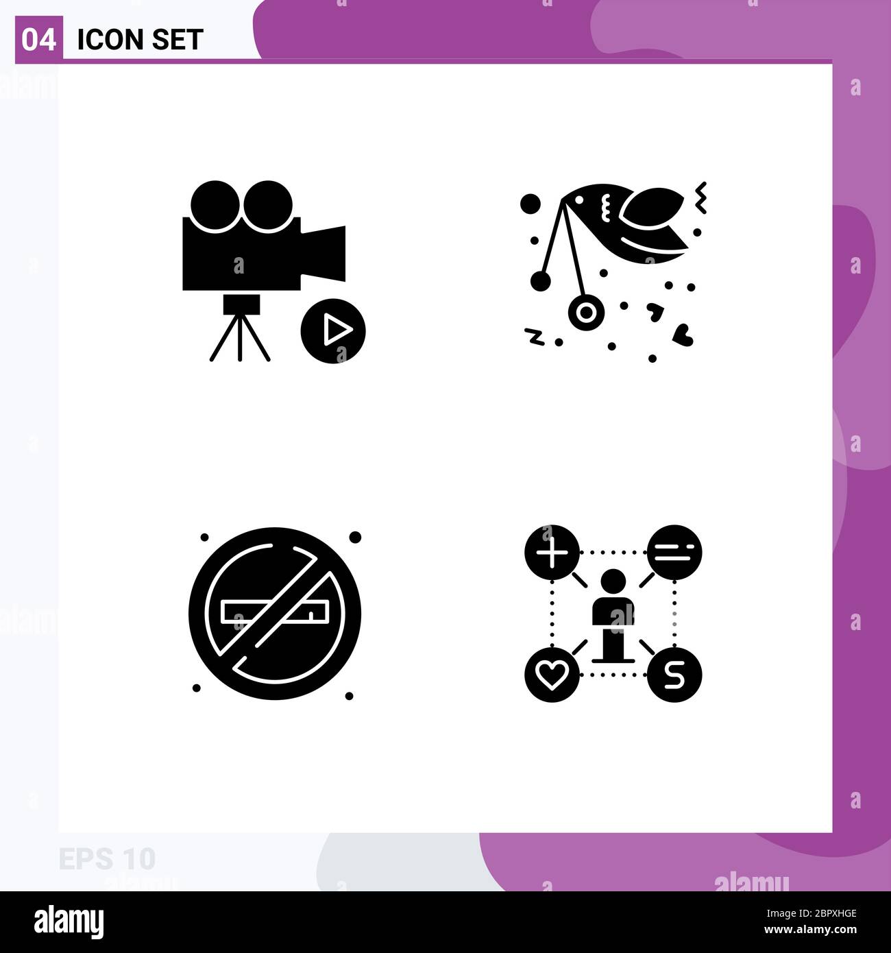 Universelle Symbole Gruppe von 4 modernen soliden Glyphen von Kamera, Romantik, Film, Fliege, keine editierbaren Vektor Design-Elemente Stock Vektor