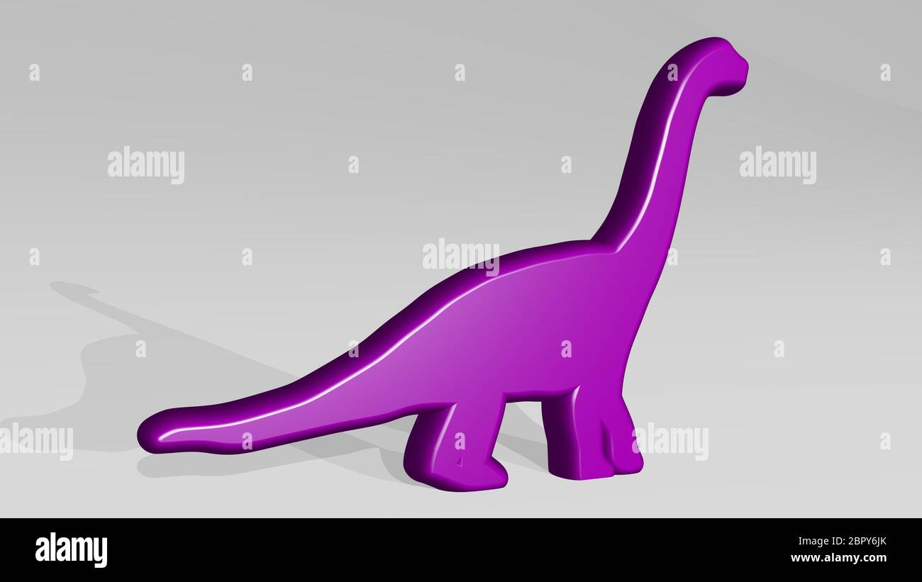 DINOSAURIER aus der Perspektive an der Wand. Eine dicke Skulptur aus metallischen Materialien in 3D-Rendering Stockfoto