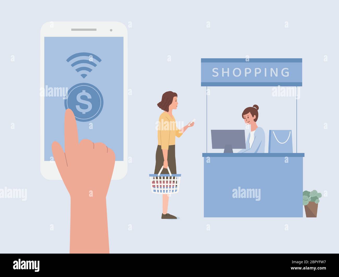 Ein Fingerdruck auf dem mobilen Bildschirm für die Online-Zahlung, um Geld vor der Kasse eines Einkaufszentrums zu bezahlen. Stock Vektor