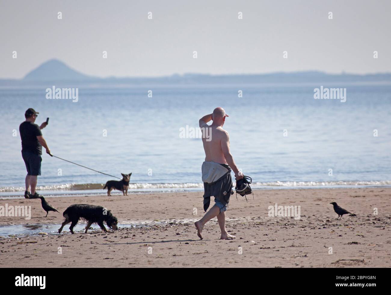Portobello.Edinburgh, Schottland, Großbritannien. 20 Mai 2020. Ruhiger Start heiß sonnig und 18 Grad Celsius vor 10 Uhr.zwei Hundewanderer an der Küste mit Berwick Law im Hintergrund. Stockfoto