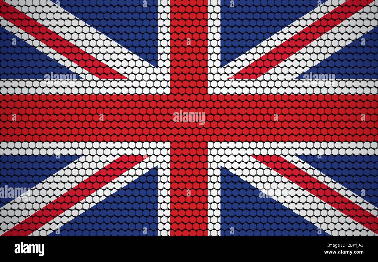 Abstrakte Flagge von Großbritannien aus Kreisen. Britische Flagge mit farbigen Punkten verleiht ihm einen modernen und futuristischen abstrakten Look. Stock Vektor