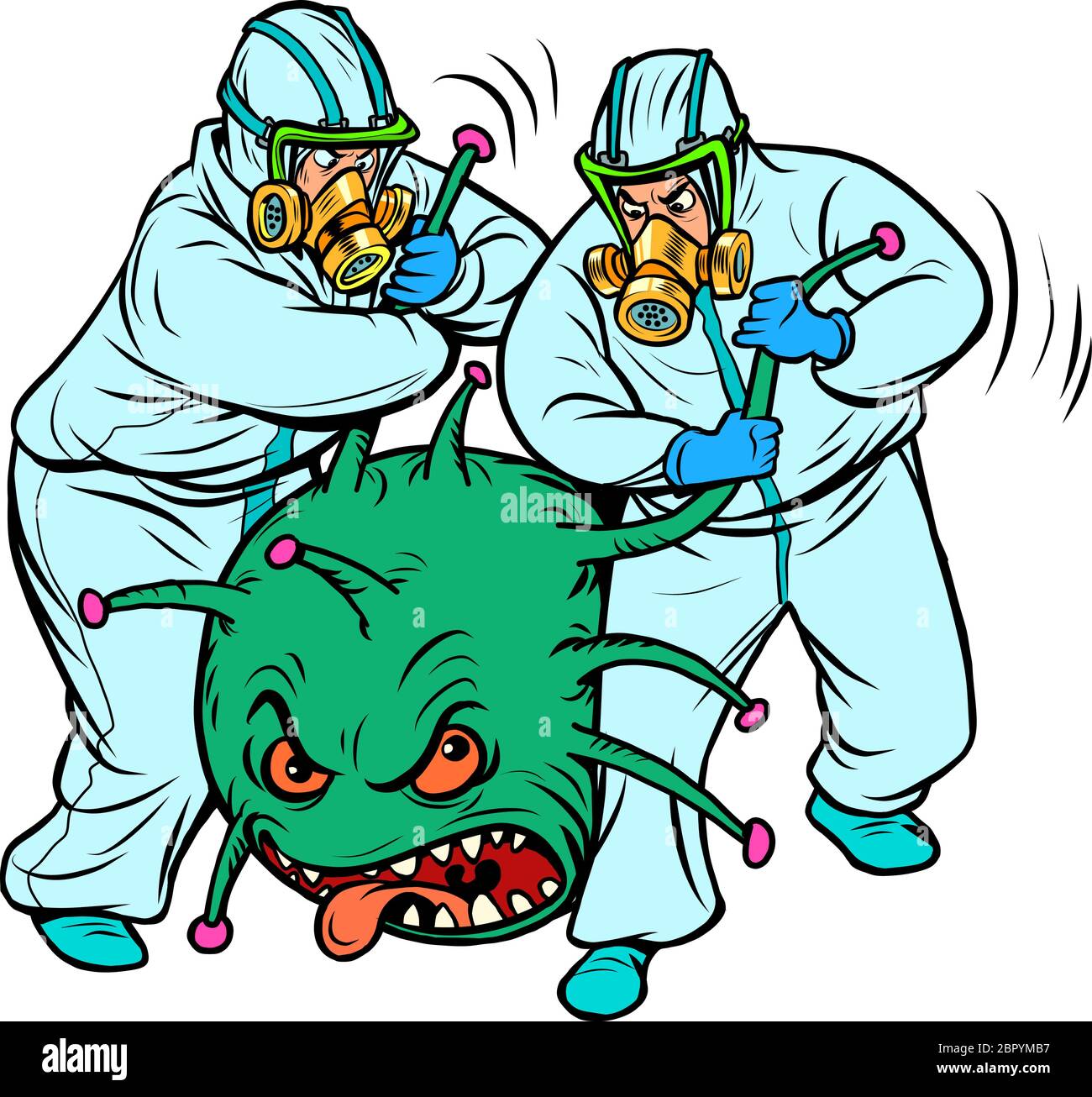 Ärzte in Schutzanzügen und einem Coronavirus. Humorvolle Karikatur. Das Virus wurde als Verbrecher verhaftet Stock Vektor