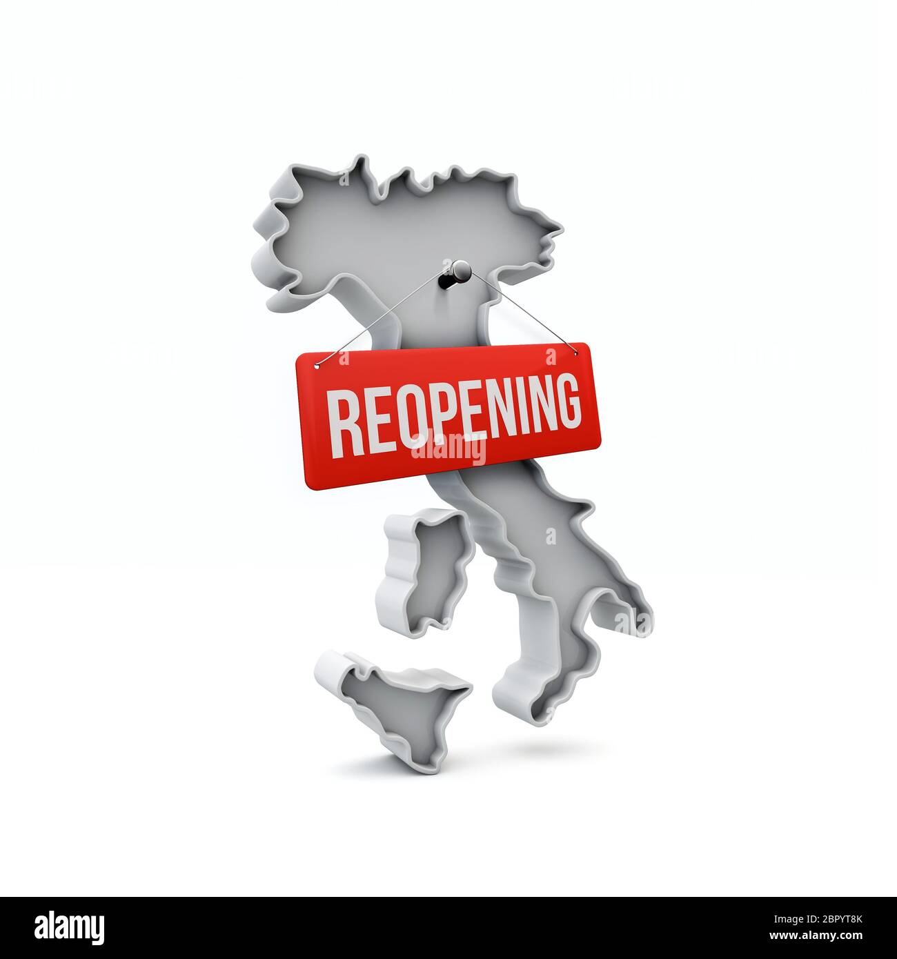 Italien Karte mit rotem Wiedereröffnungsschild nach der Quarantäne. 3D-Rendering Stockfoto