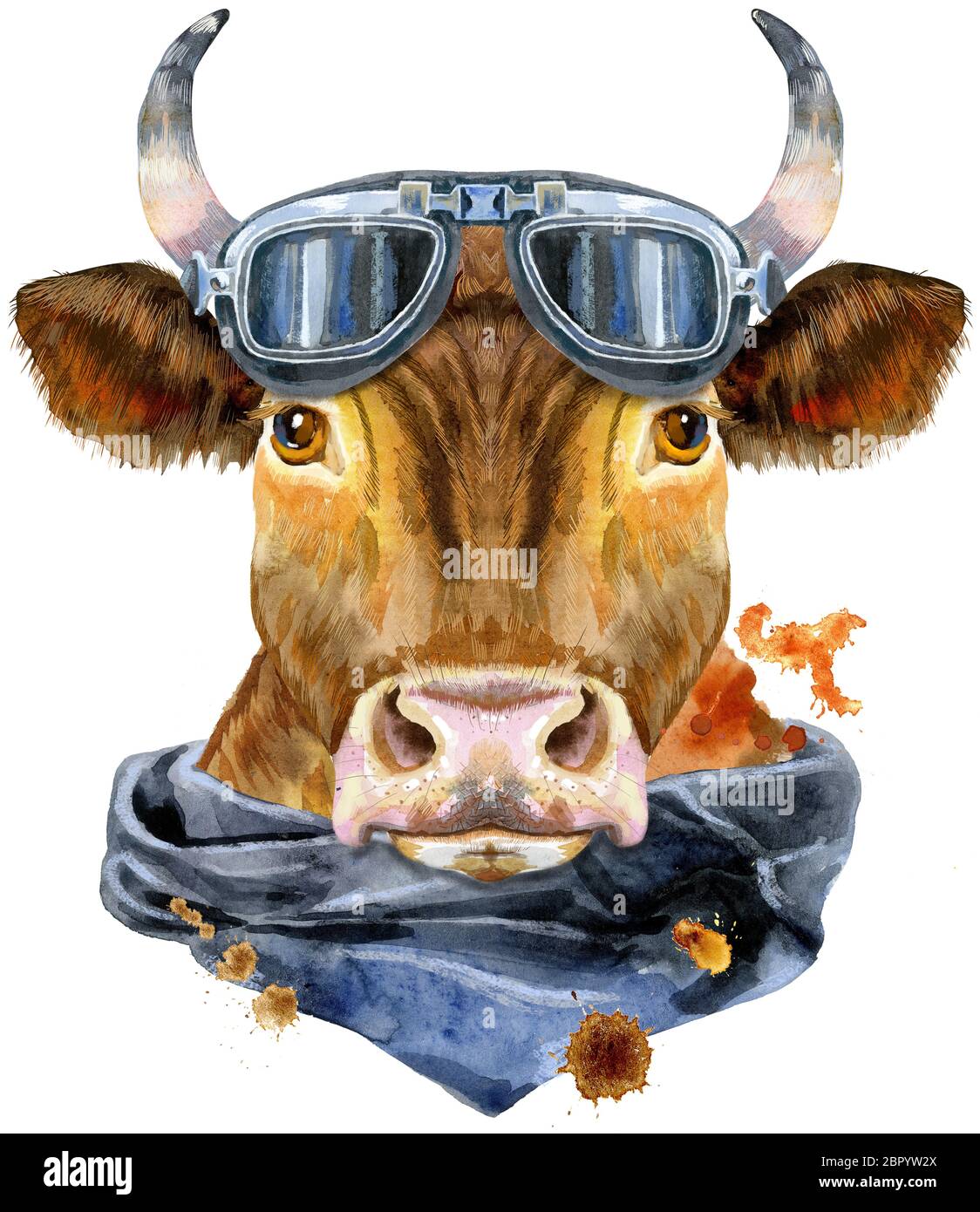 Bull Aquarell-Grafiken. Bulle mit Biker Sonnenbrille und Taschentuch Tier Illustration mit Spritzwasser-Farbe texturierten Hintergrund. Stockfoto