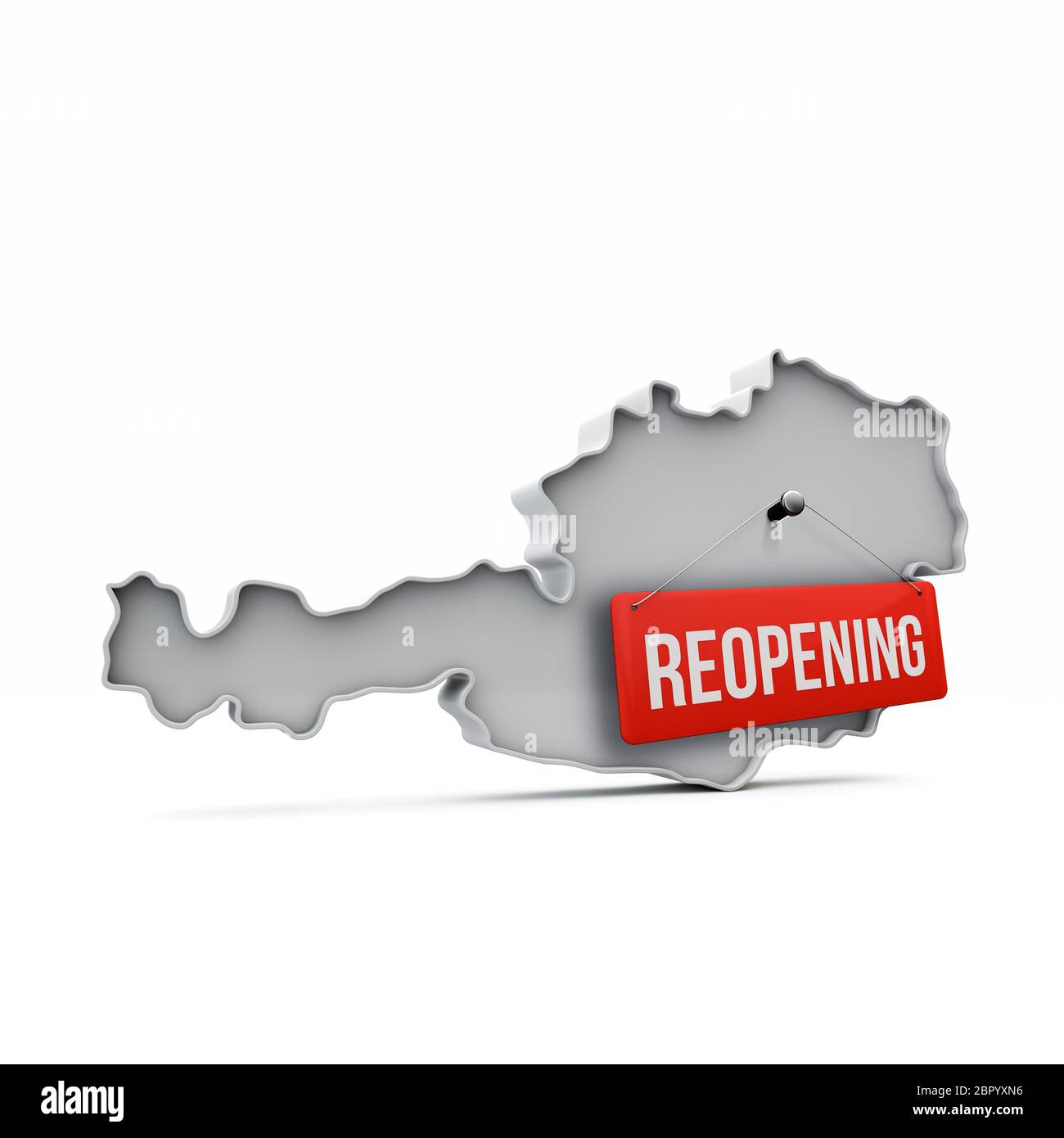Österreich Karte mit rotem Wiedereröffnungsschild nach Quarantäne. 3D-Rendering Stockfoto