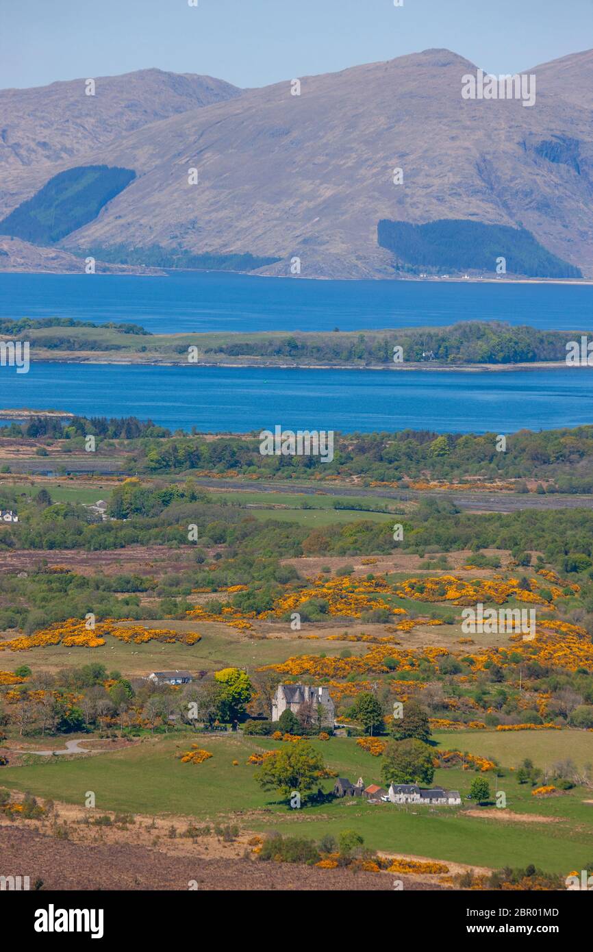 Teleansicht von Barcaldine Castle, Eriska, Lismore und Loch Loch Linnhe von ben Lora, Argyll Stockfoto